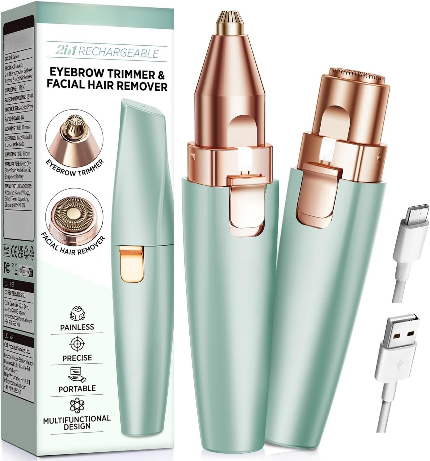 2-in-1 Eyebrow & Facial Trimmer Rechargeable with LED Light